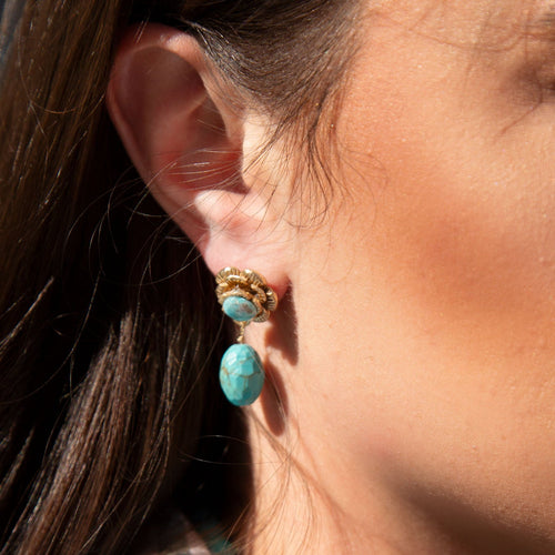 Blooming Blue Turquoise Golden Drop Earrings - Barse Jewelry