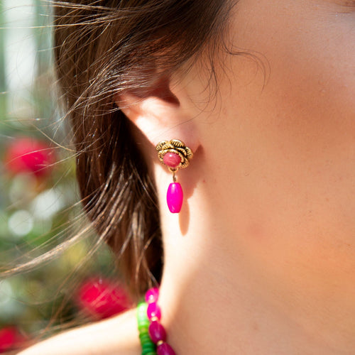 Blooming Pink Agate Post Golden Earrings - Barse Jewelry
