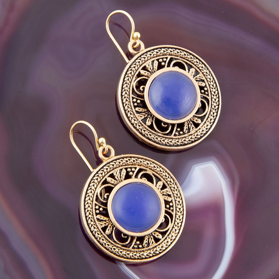 Blue Agate and Golden Detail Drop Earrings - Barse Jewelry