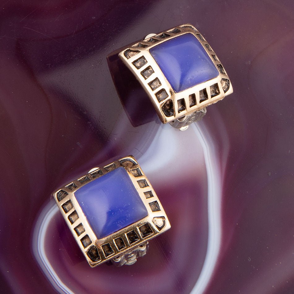 Blue Agate Golden Clip Earrings - Barse Jewelry