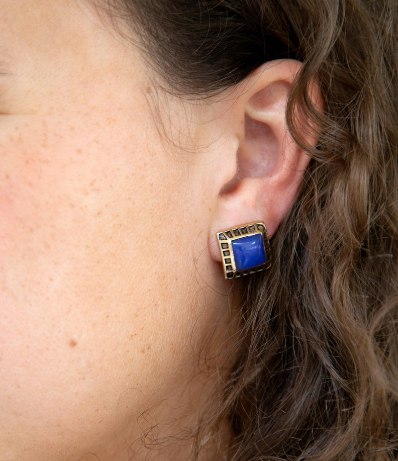Blue Agate Golden Clip Earrings - Barse Jewelry