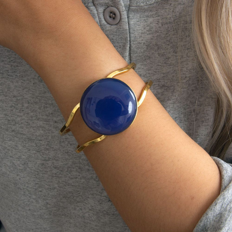 Blue Agate Hinged Golden Cuff Bracelet - Barse Jewelry