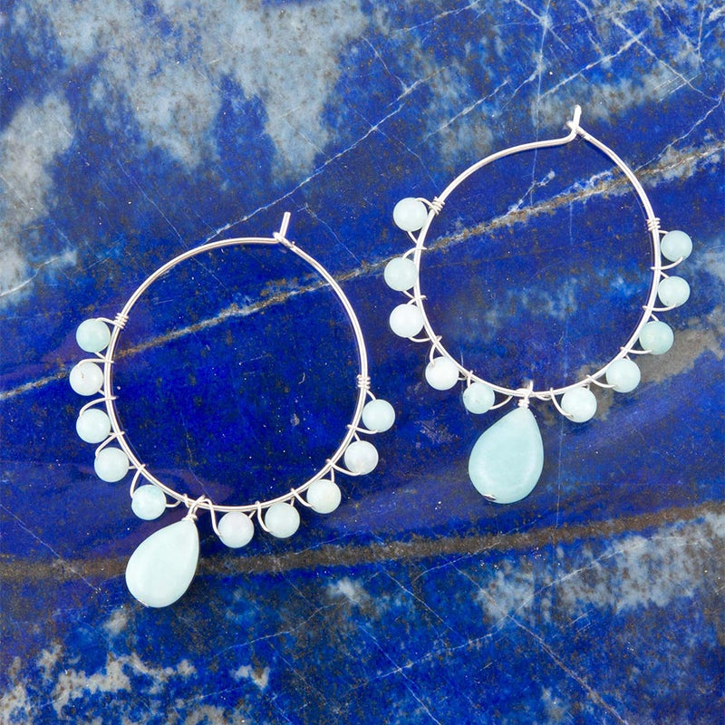 Blue Amazonite and Sterling Silver Beaded Hoop Earrings - Barse Jewelry