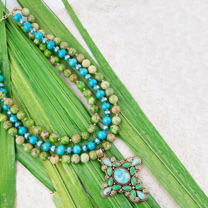 Blue and Green Tourquoise Golden Cross Pendant Necklace - Barse Jewelry