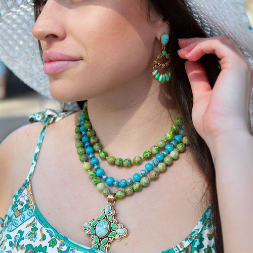 Blue and Green Tourquoise Golden Cross Pendant Necklace - Barse Jewelry
