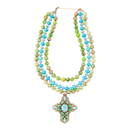 Blue and Green Tourquoise Golden Cross Pendant Necklace - Barse Jewelry