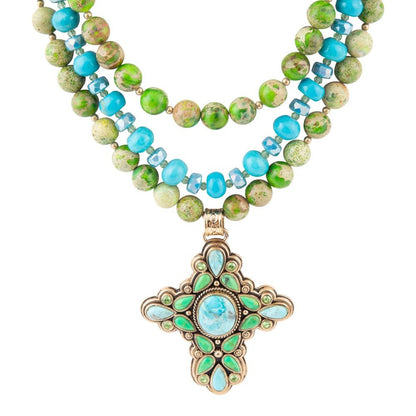 Blue and Green Tourquoise Golden Cross Pendant Necklace - Barse Jewelry