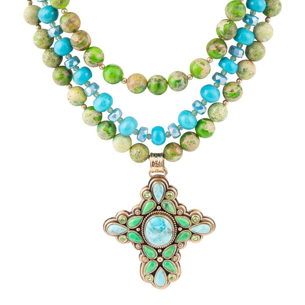 Blue and Green Tourquoise Golden Cross Pendant Necklace - Barse Jewelry