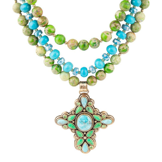 Legacy Lime Green and Blue Turquoise Golden Cross Pendant Statement Necklace