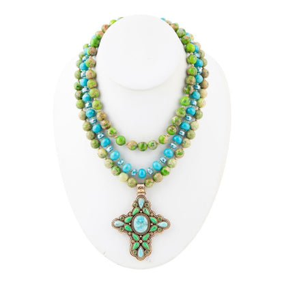 Blue and Green Tourquoise Golden Cross Pendant Necklace - Barse Jewelry
