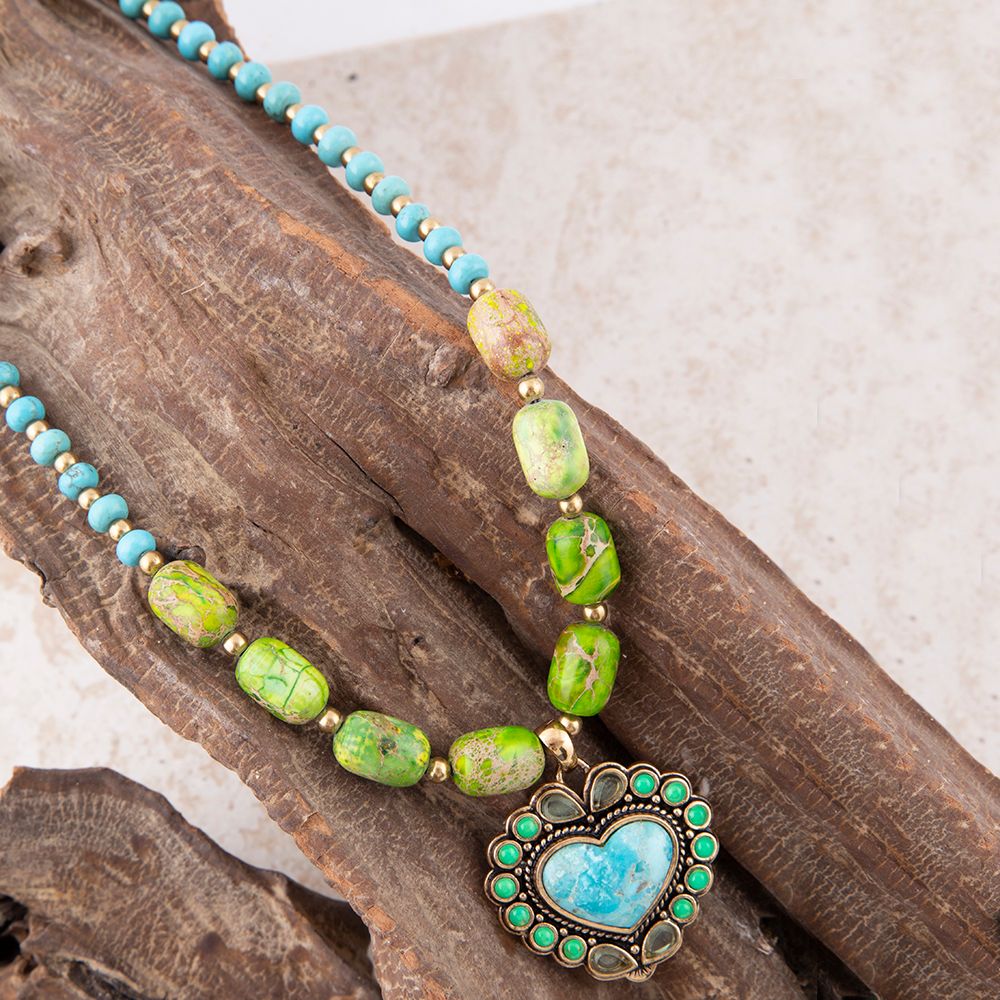 Blue and Green Turquoise Golden Heart Pendant Necklace - Barse Jewelry