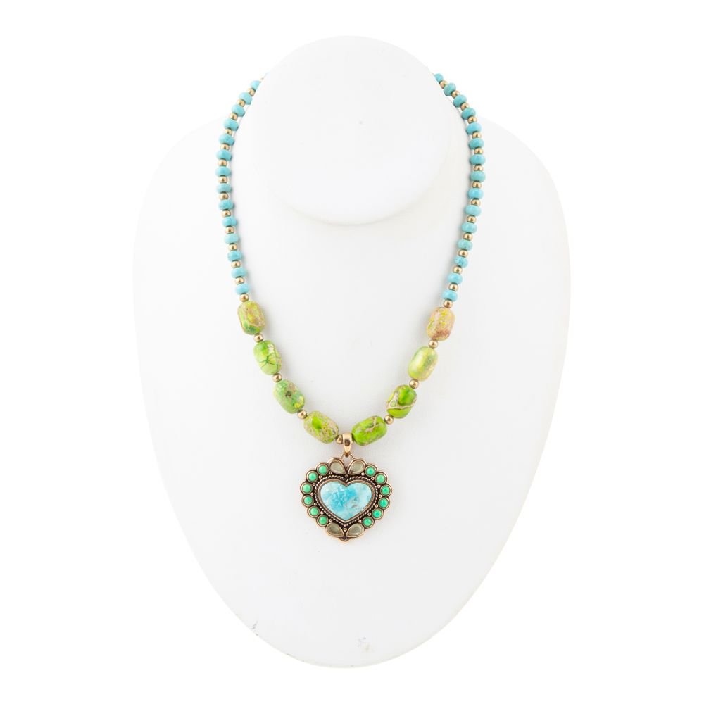 Blue and Green Turquoise Golden Heart Pendant Necklace - Barse Jewelry