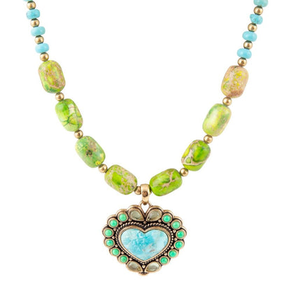 Blue and Green Turquoise Golden Heart Pendant Necklace - Barse Jewelry
