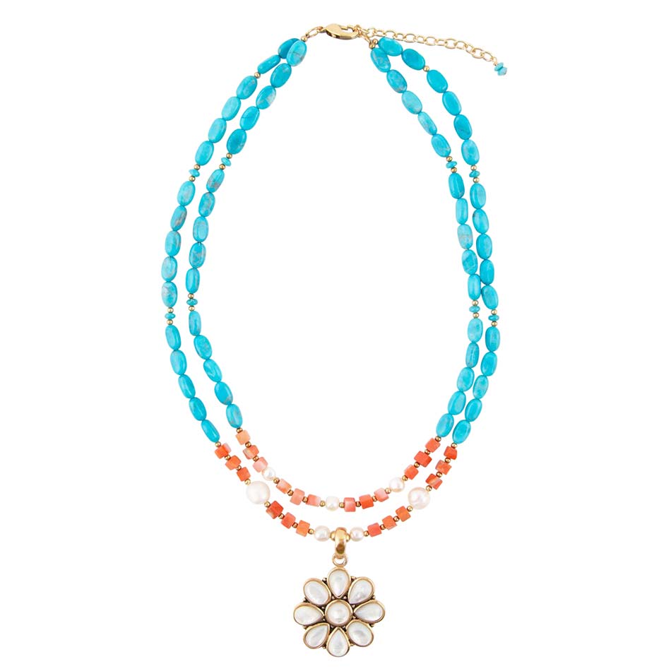 Blue and White Hibiscus Mother of Pearl Pendant and Necklace - Barse Jewelry