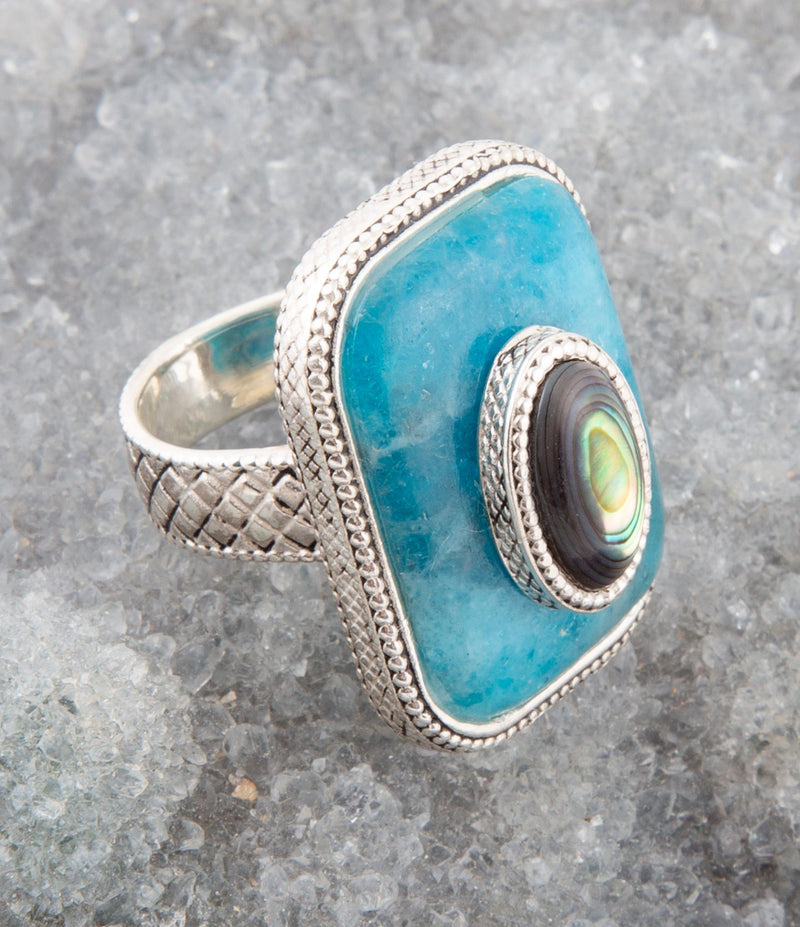 Blue Apatite and Abalone Stacked Sterling Rings - Barse Jewelry