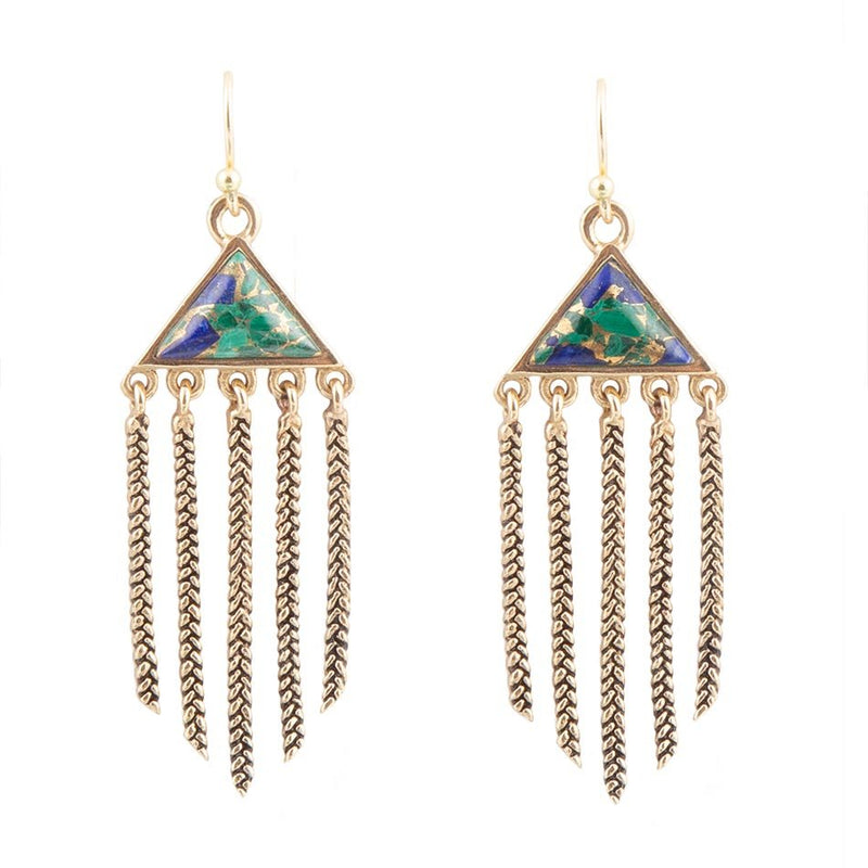 Blue Azurite Matrix Chandelier Golden Earrings - Barse Jewelry