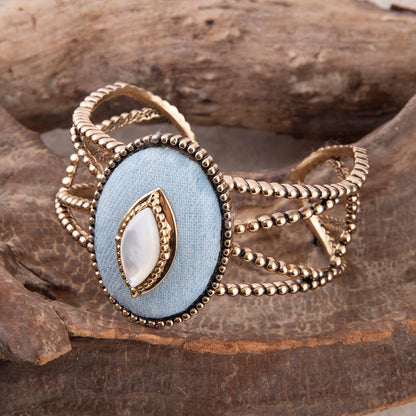 Blue Denim Dreams White Mother of Pearl Golden Cuff Bracelet - Barse Jewelry
