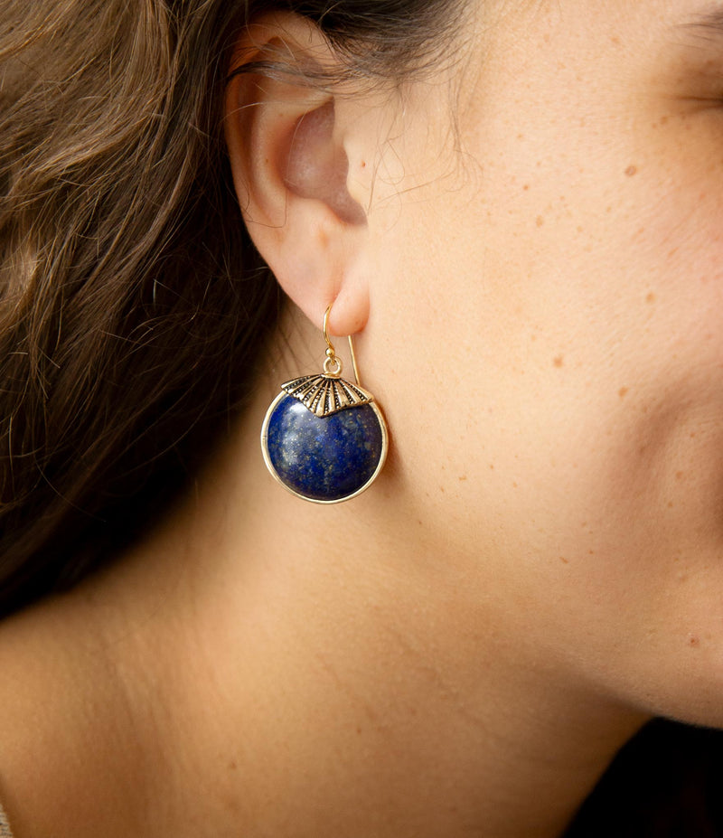 Blue Lapis Circle Golden Drop Earings - Barse Jewelry