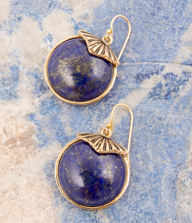 Blue Lapis Circle Golden Drop Earings - Barse Jewelry