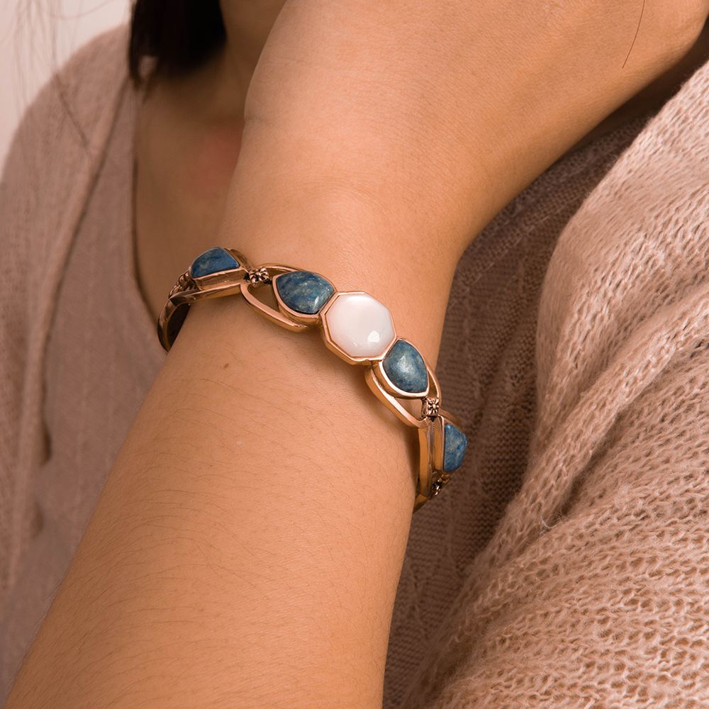 Blue Lapis Flower Golden Cuff Bracelet - Barse Jewelry