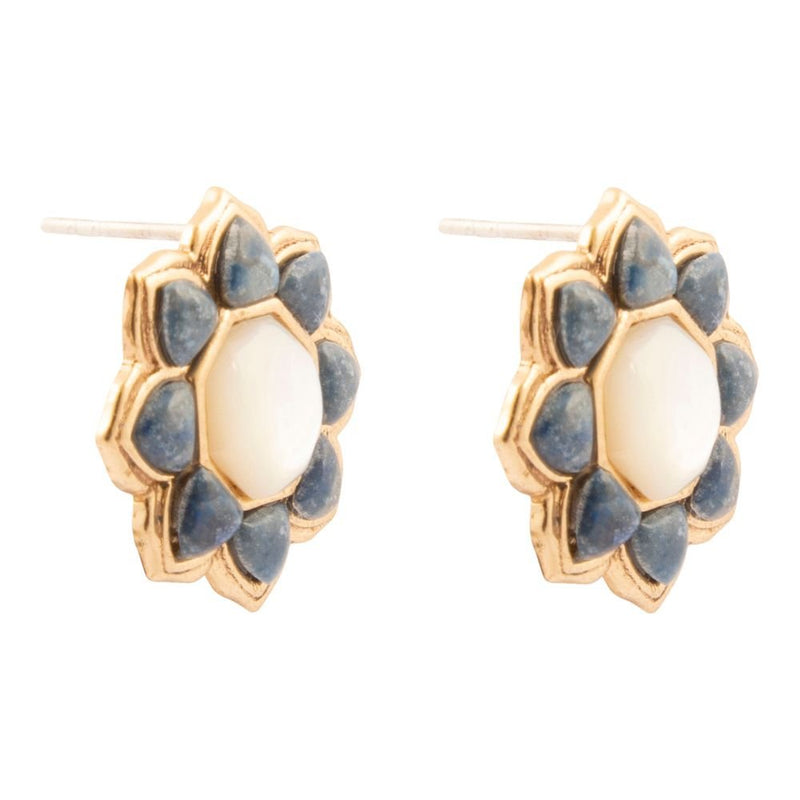 Blue Lapis Flower Golden Post Drop Earrings - Barse Jewelry
