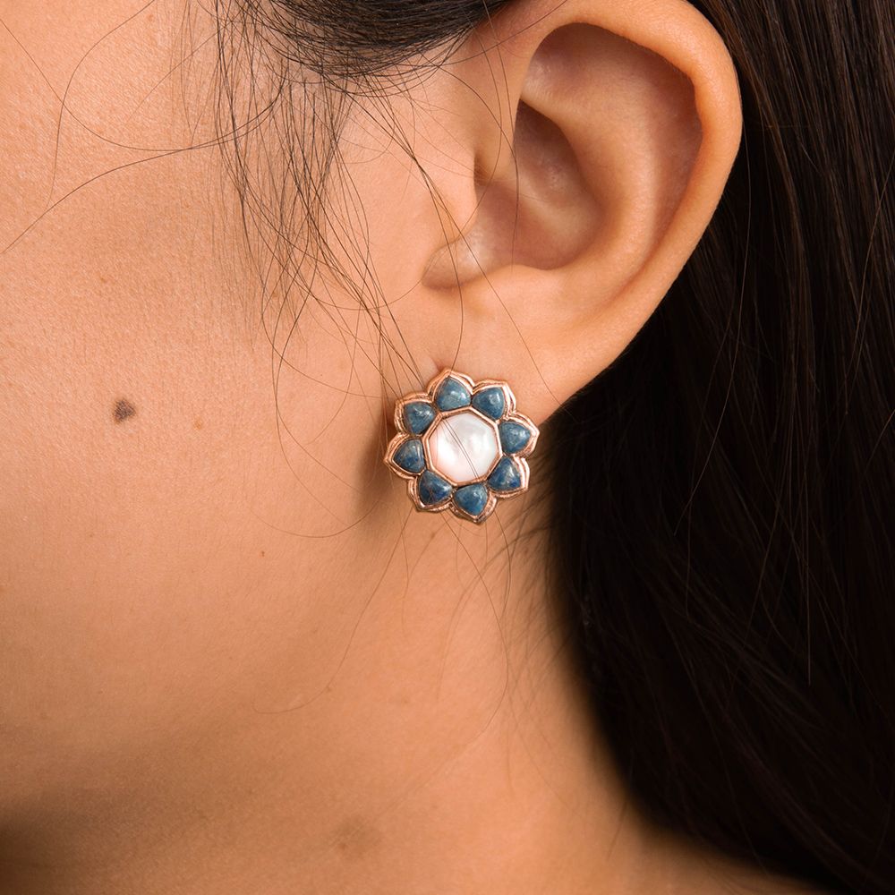 Blue Lapis Flower Golden Post Drop Earrings - Barse Jewelry