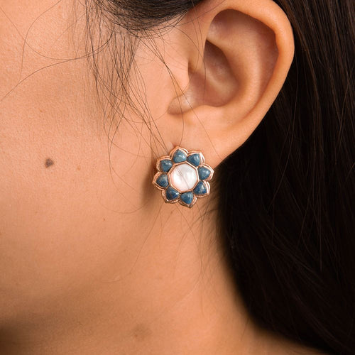 Blue Lapis Flower Golden Post Drop Earrings - Barse Jewelry