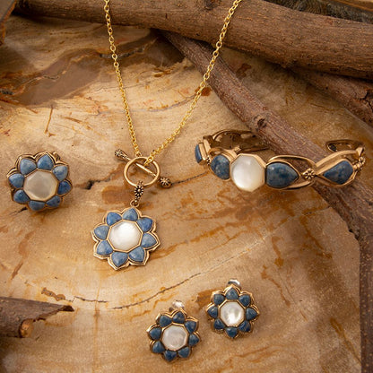 Blue Lapis Flower Golden Post Drop Earrings - Barse Jewelry