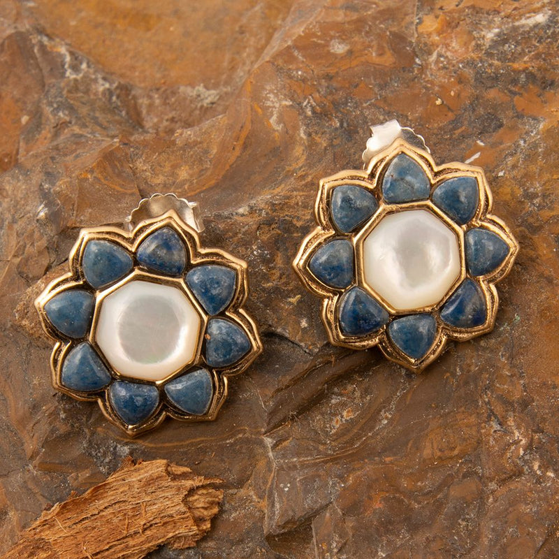 Blue Lapis Flower Golden Post Drop Earrings - Barse Jewelry