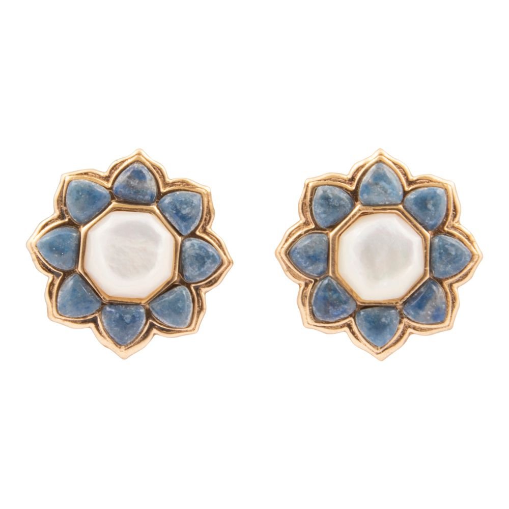 Blue Lapis Flower Golden Post Drop Earrings - Barse Jewelry