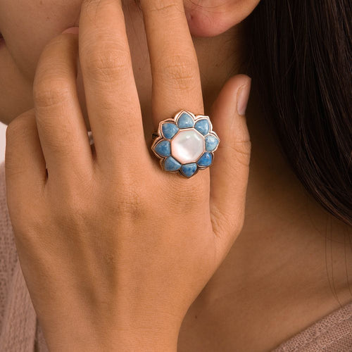 Blue Lapis Flower Golden Statement Ring - Barse Jewelry