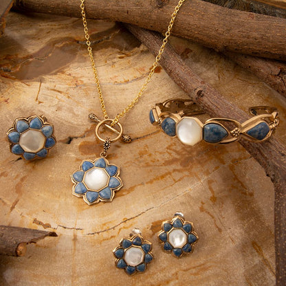 Blue Lapis Flower Golden Statement Ring - Barse Jewelry
