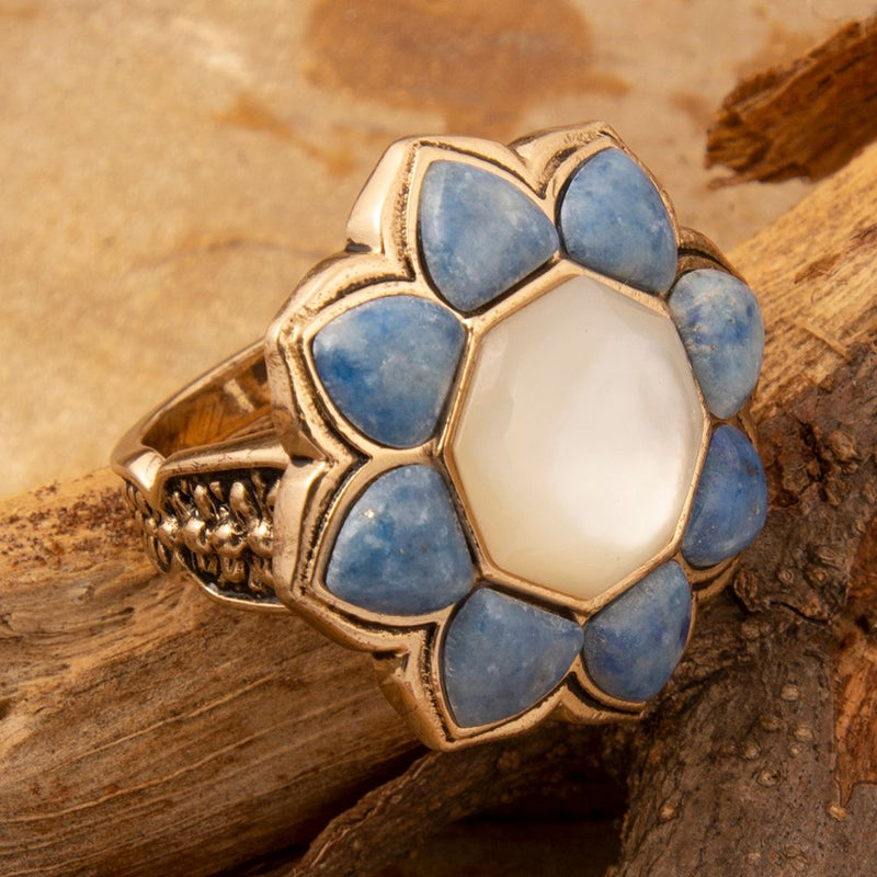 Blue Lapis Flower Golden Statement Ring - Barse Jewelry