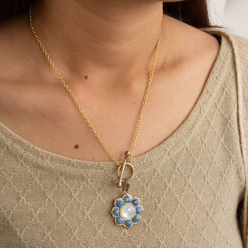 Blue Lapis Golden Flower Pendant Necklace - Barse Jewelry