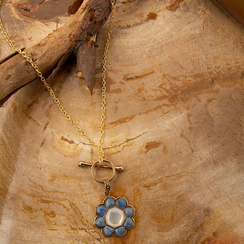 Blue Lapis Golden Flower Pendant Necklace - Barse Jewelry