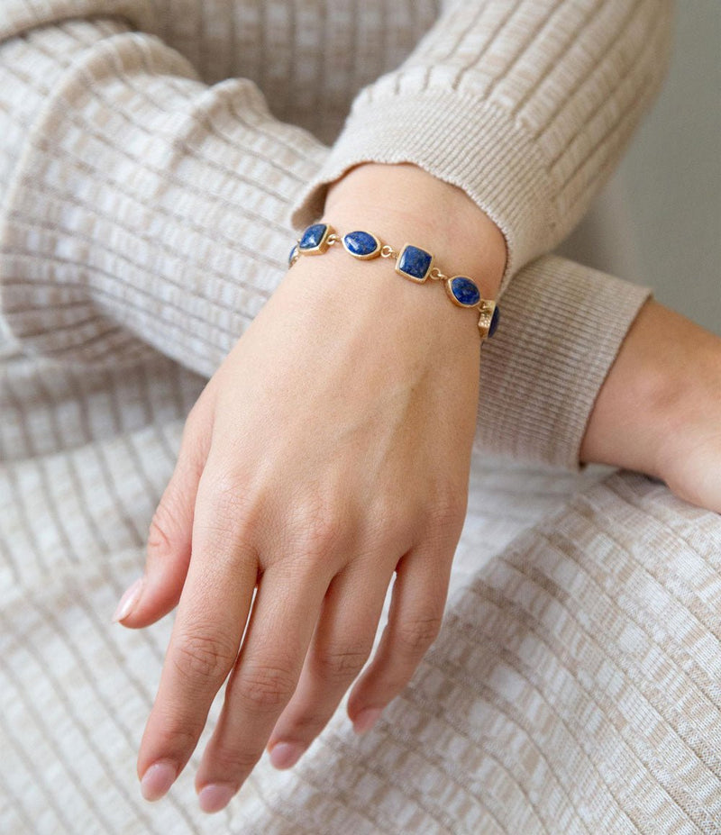 Blue Lapis Hammered Link Golden Bracelet - Barse Jewelry