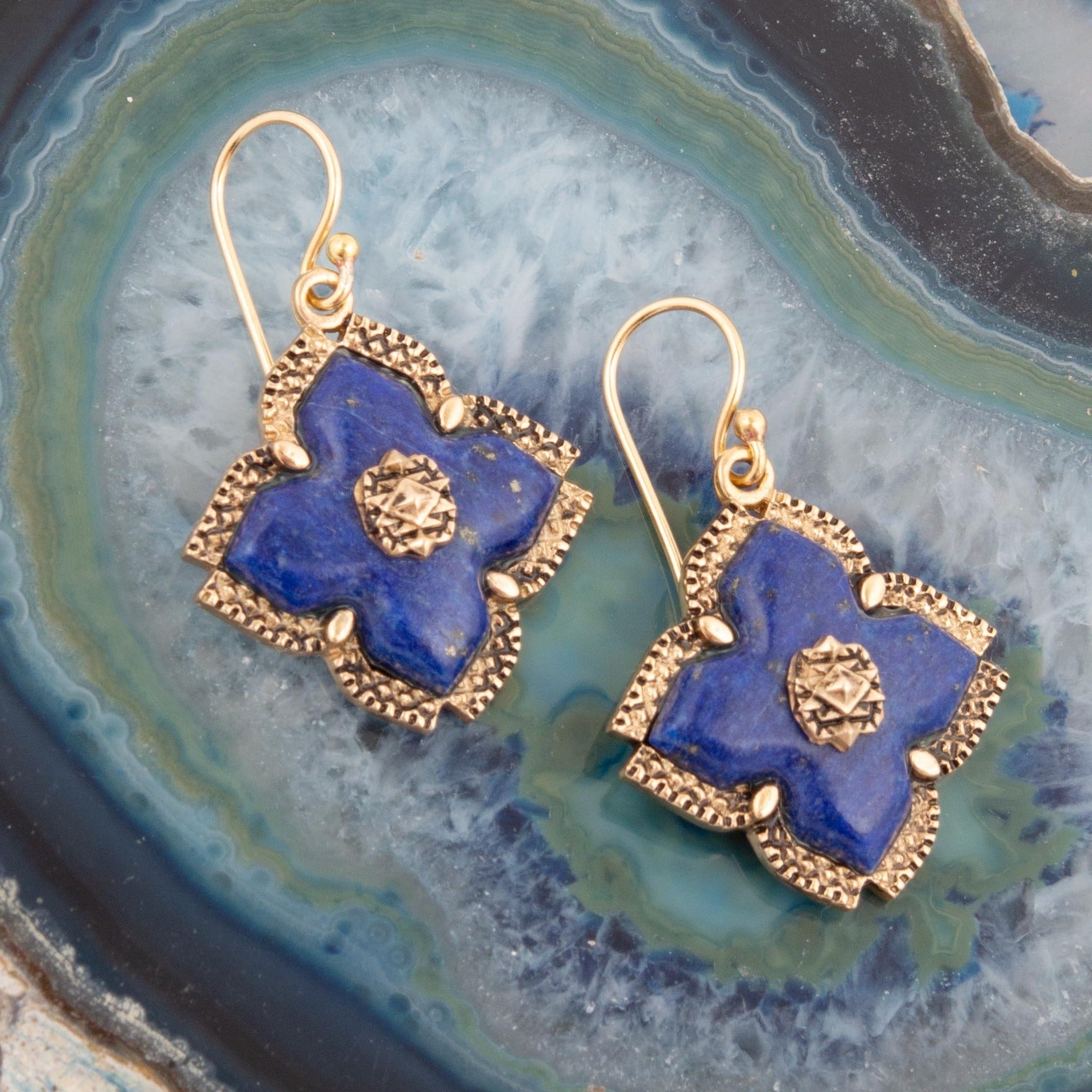 Blue Lapis Maltese Golden Cross Drop Earrings - Barse Jewelry