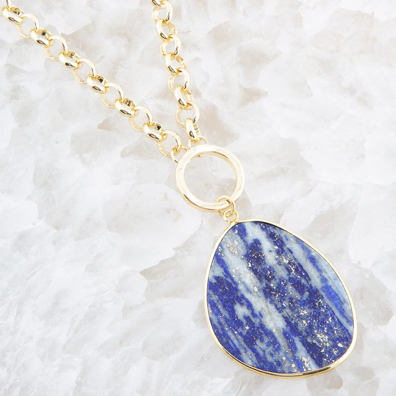 Blue Lapis Slab Pendant Golden Necklace - Barse Jewelry