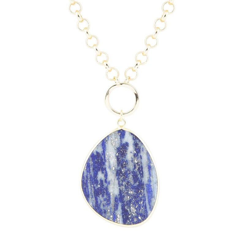 Blue Lapis Slab Pendant Golden Necklace - Barse Jewelry