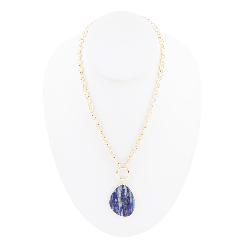 Blue Lapis Slab Pendant Golden Necklace - Barse Jewelry