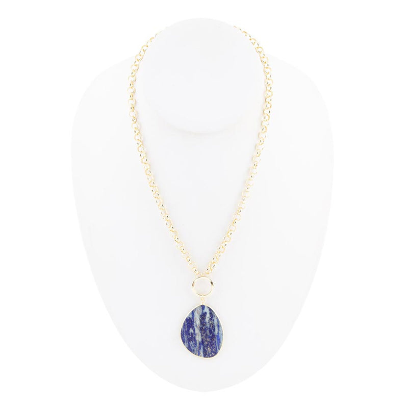 Blue Lapis Slab Pendant Golden Necklace - Barse Jewelry