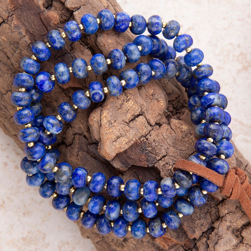Blue Lapis Triple Strand Golden Bracelet Set - Barse Jewelry