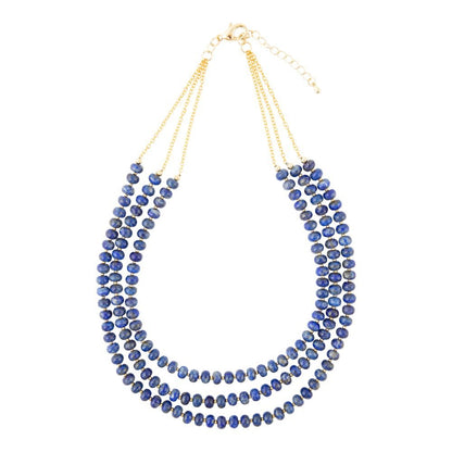 Blue Lapis Triple Strand Golden Necklace - Barse Jewelry