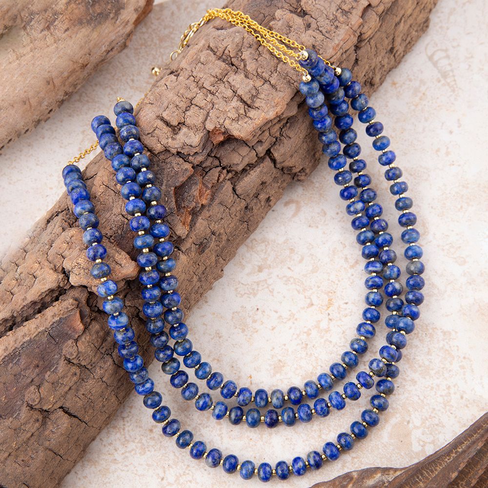 Blue Lapis Triple Strand Golden Necklace - Barse Jewelry