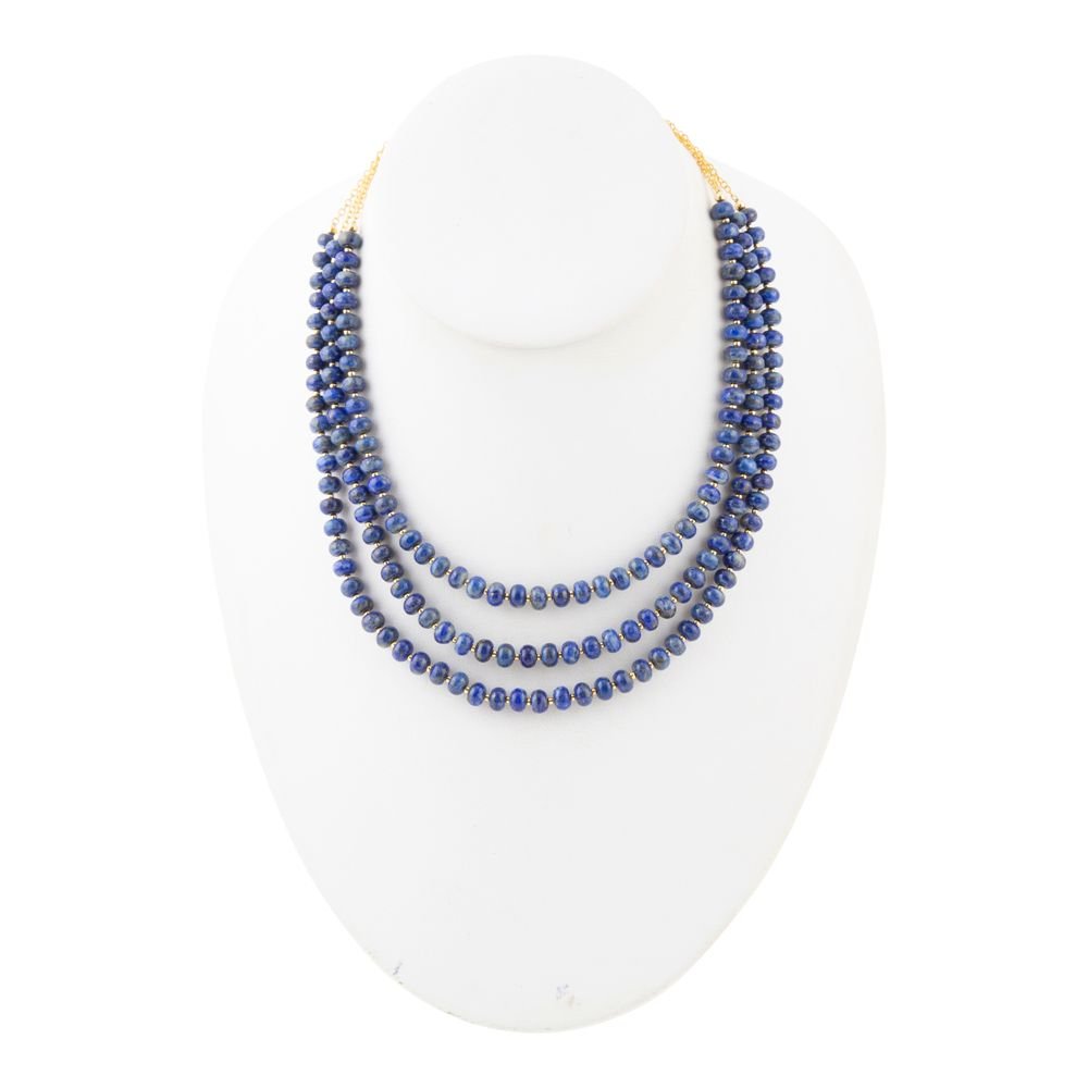 Blue Lapis Triple Strand Golden Necklace - Barse Jewelry