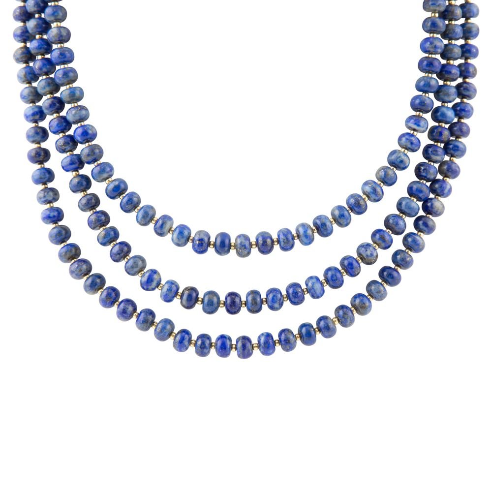 Blue Lapis Triple Strand Golden Necklace - Barse Jewelry