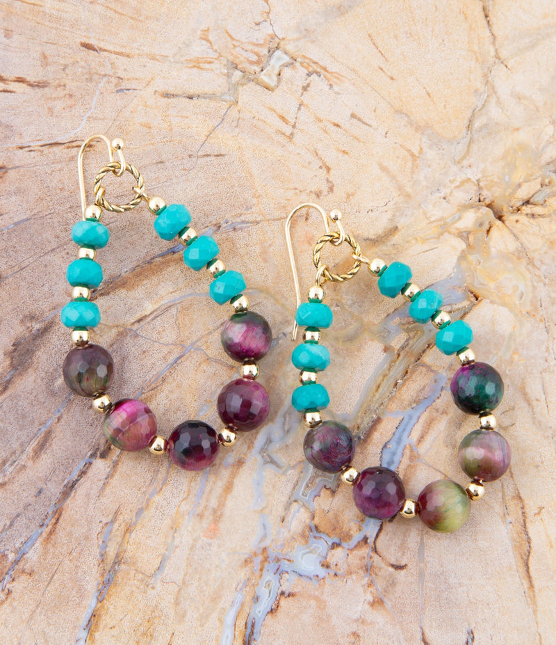 Blue Magnesite and Mulicolor Tiger's Eye Golden Drop Earrings - Barse Jewelry