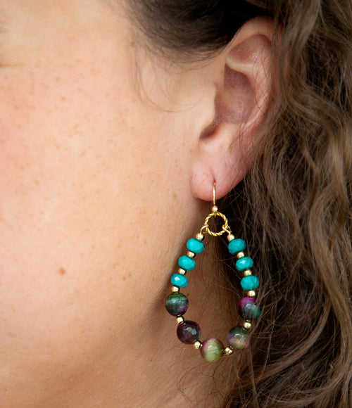 Blue Magnesite and Mulicolor Tiger's Eye Golden Drop Earrings - Barse Jewelry