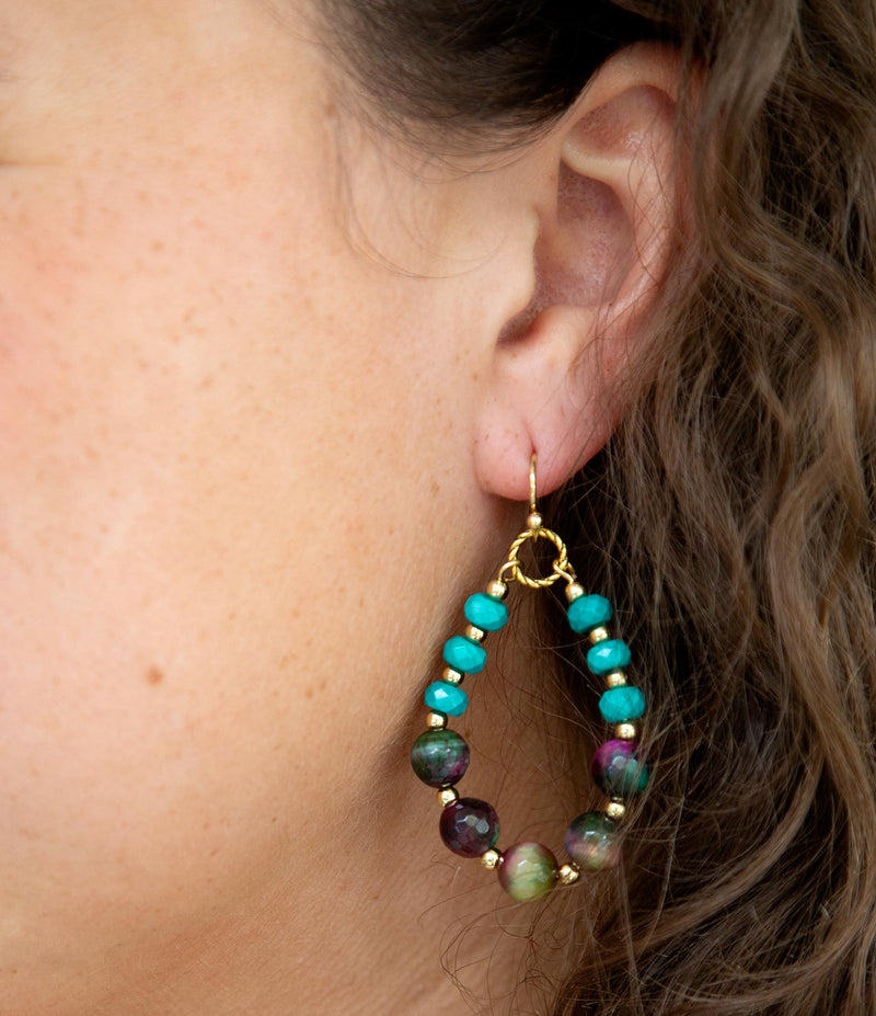 Blue Magnesite and Mulicolor Tiger's Eye Golden Drop Earrings - Barse Jewelry