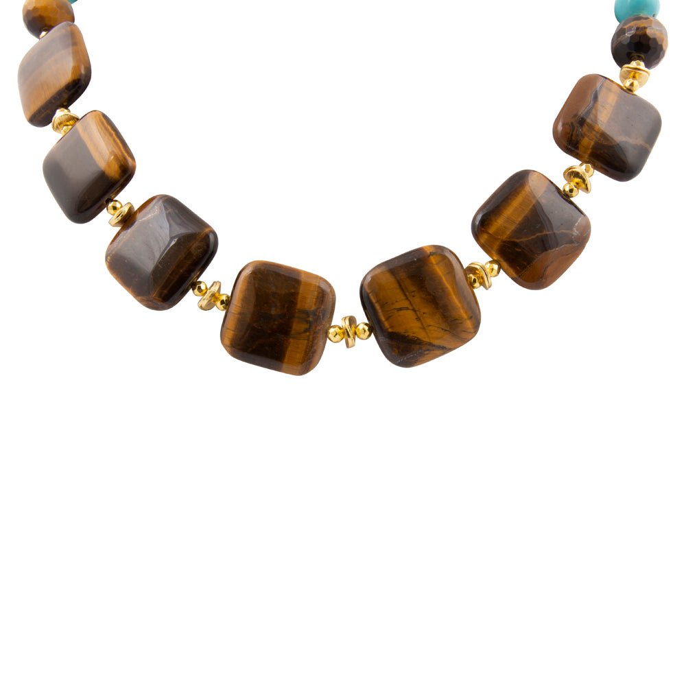 Blue Magnesite and Tiger's Eye Chunky Golden Necklace - Barse Jewelry